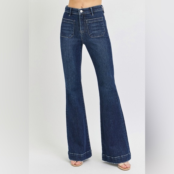 Square Patch Pocket Dark Wash Flare Jeans - Risen - Picture 2 of 5